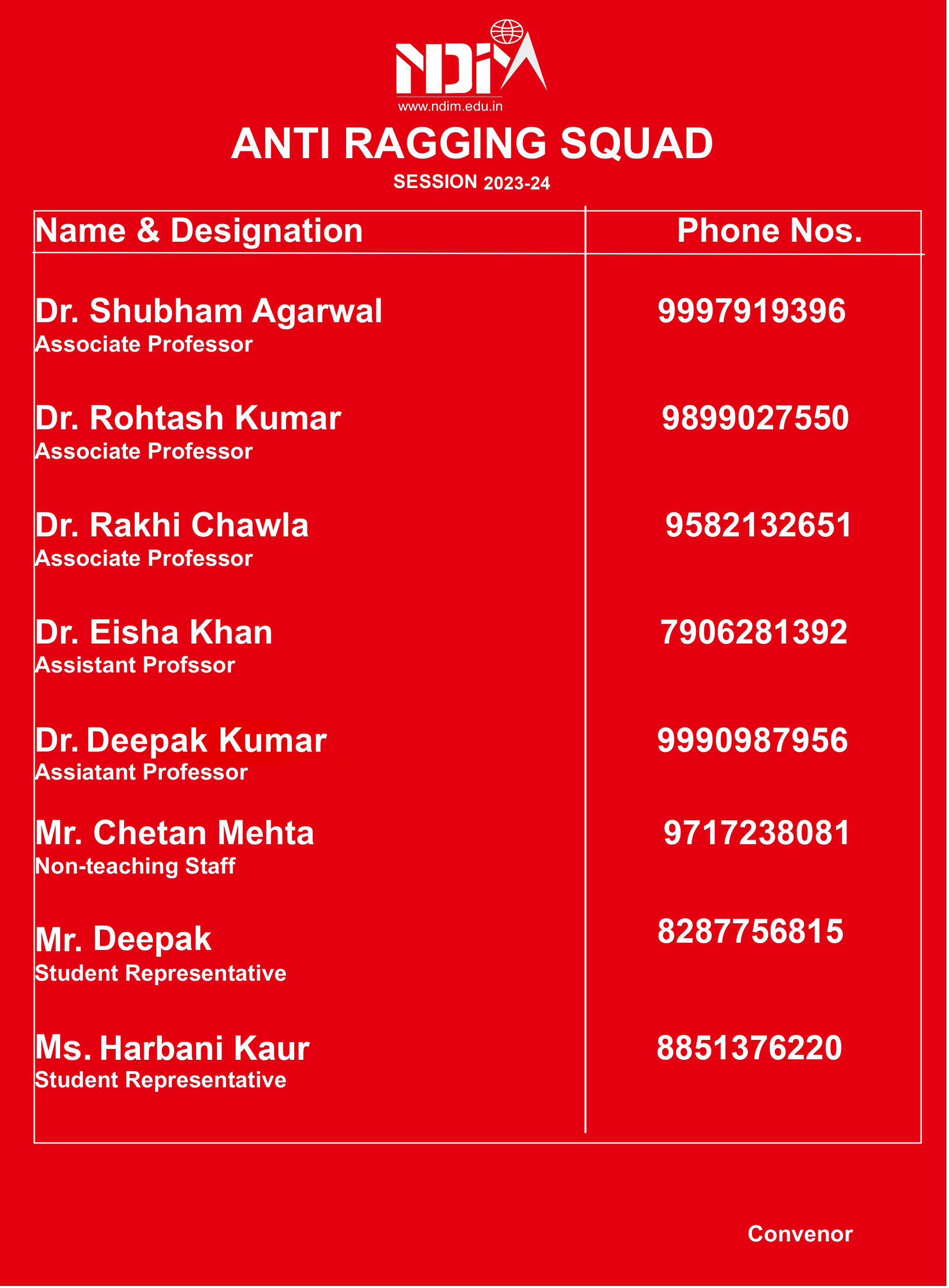 Anti Ragging Committee Structure Anti Ragging Committee | NDIM Delhi